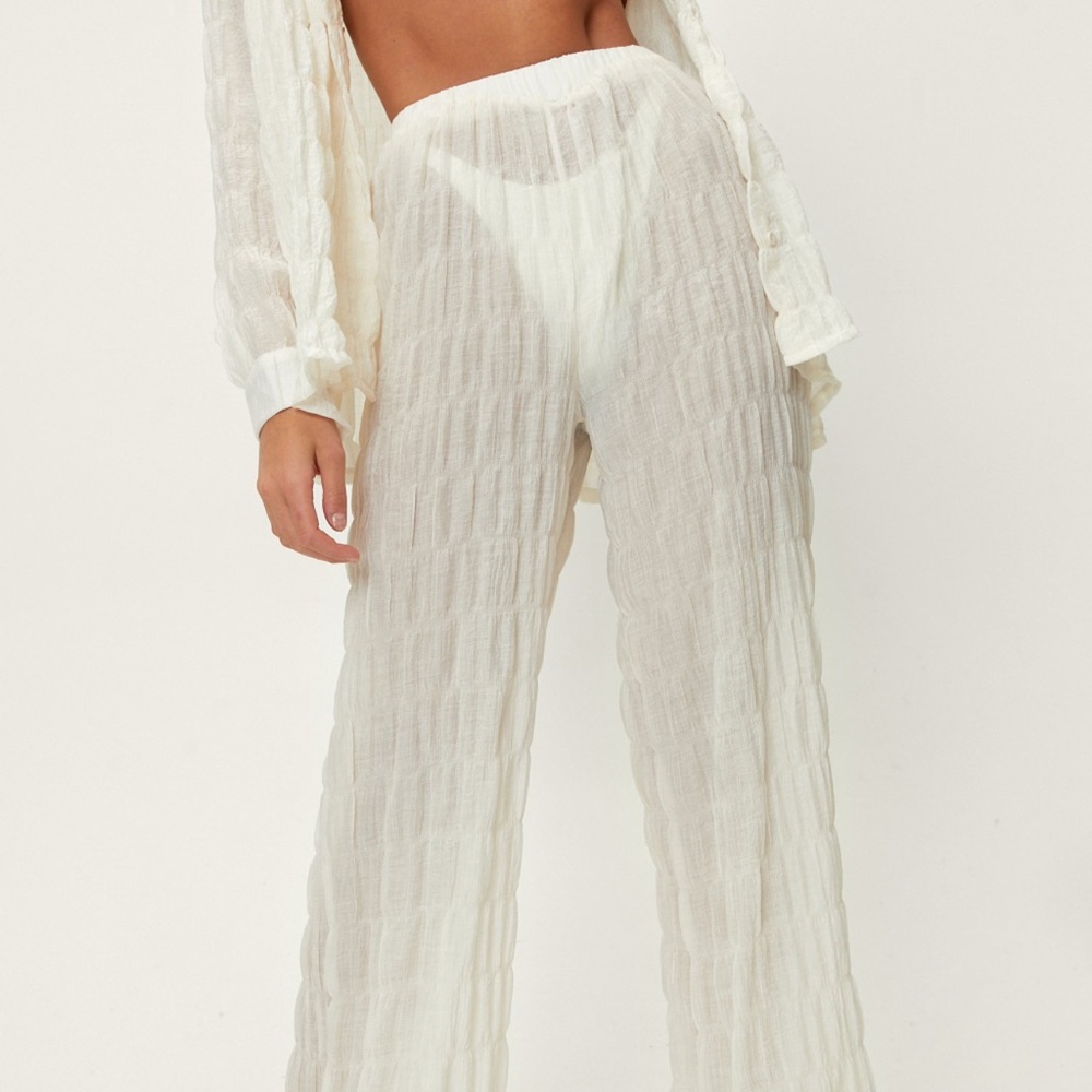 Nasty gal Oversized Textured Beach Shirt & textured wide leg trouser set (cream)